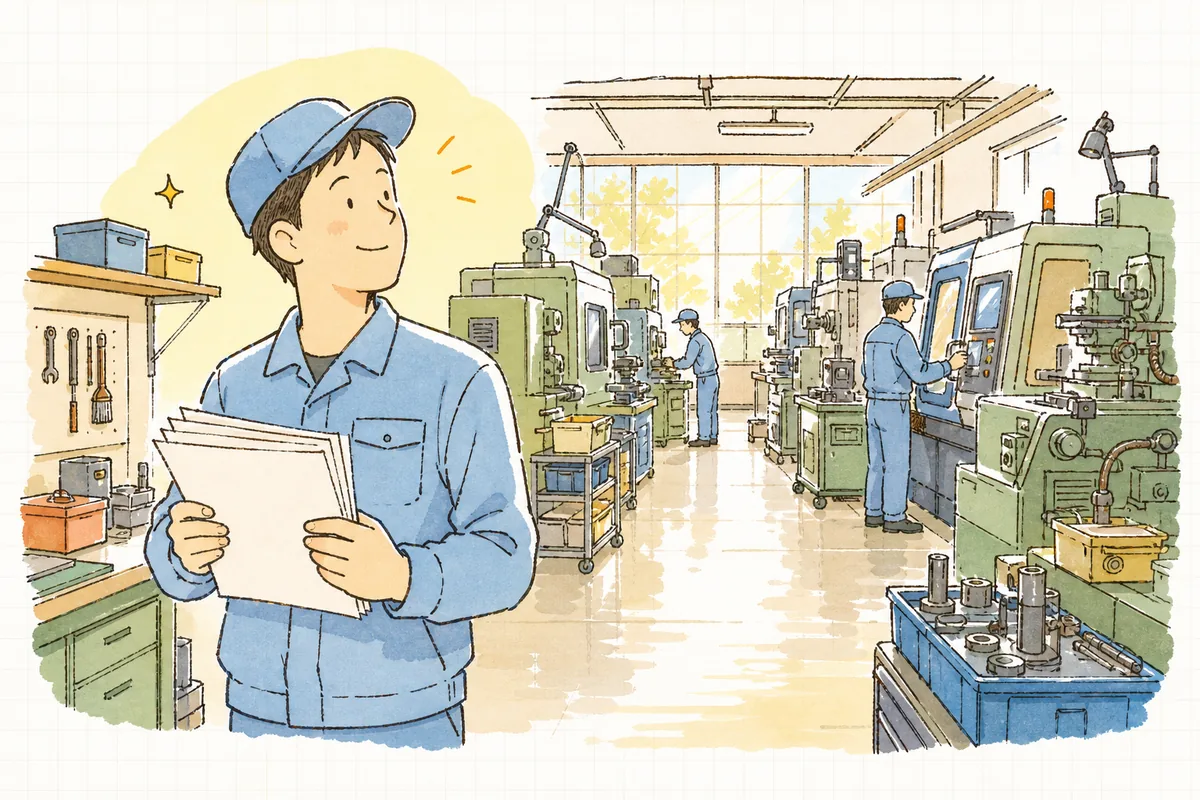 たまった保全記録を手に、機械の並ぶ作業場を見渡して落ち着いた表情を見せる担当者