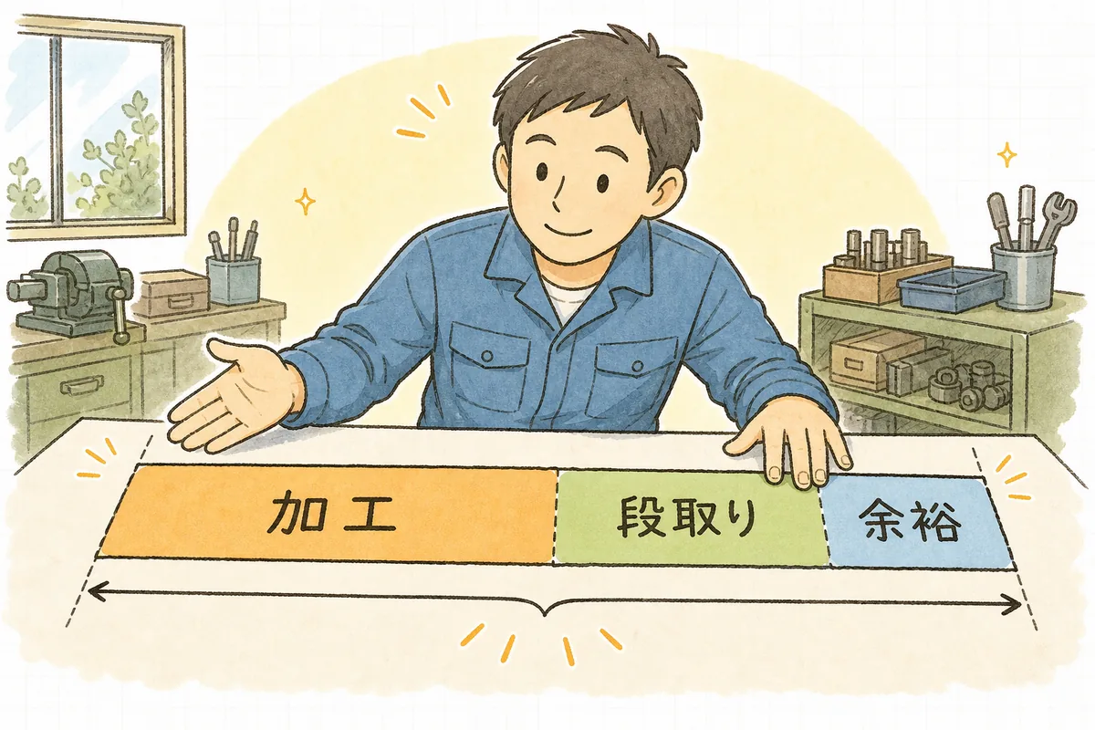 加工そのものの時間に段取り時間と余裕を分けて足し、ひとつの基準時間として組み立てる考え方の説明図