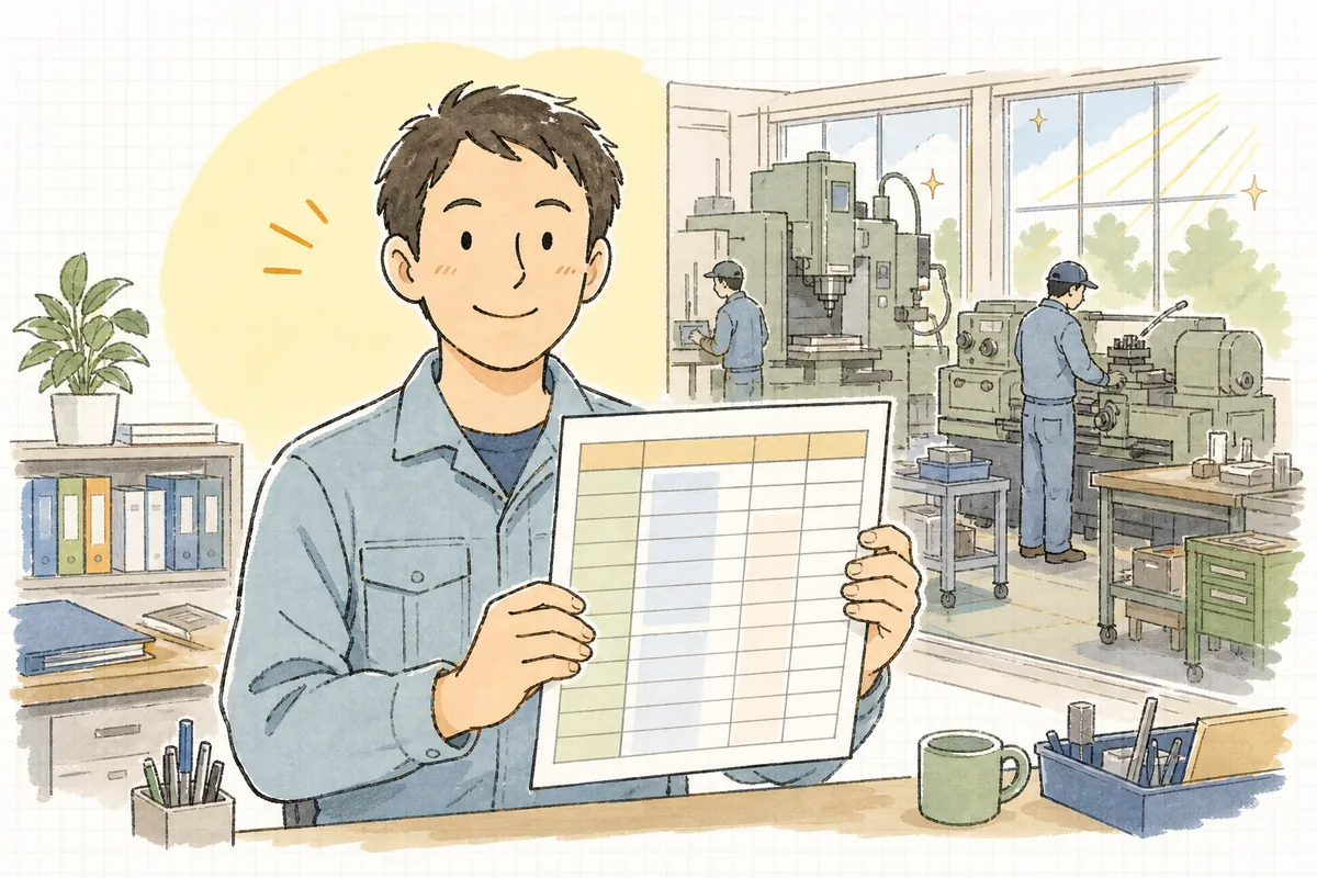 完成した標準時間の一覧表を手に、見積や工程に自信を持って向き合えるようになり前を向く町工場の担当者
