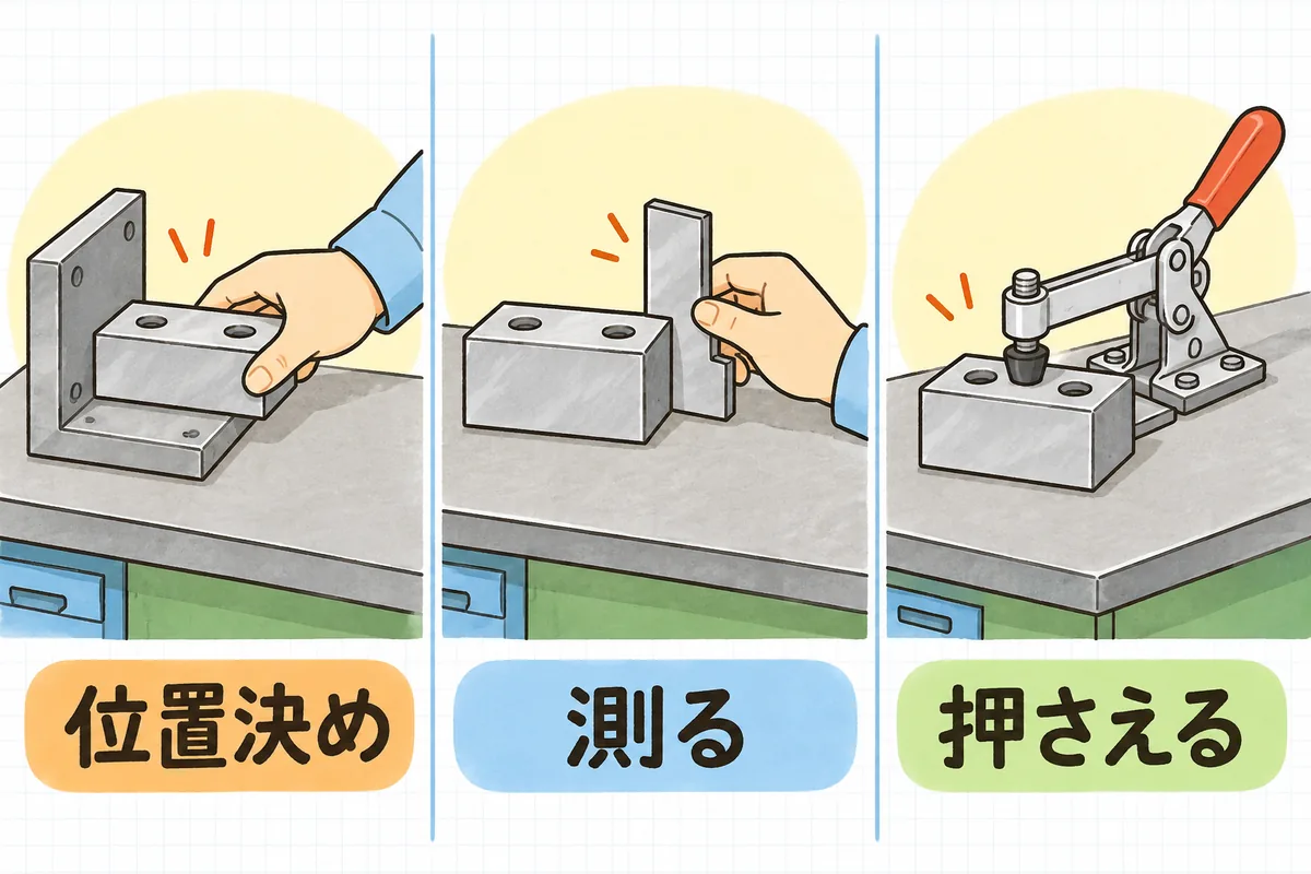 手が止まる3つの場面を左から位置決め・測る・押さえるの3列に並べ、それぞれに合う簡単な自作治具を描いた説明図