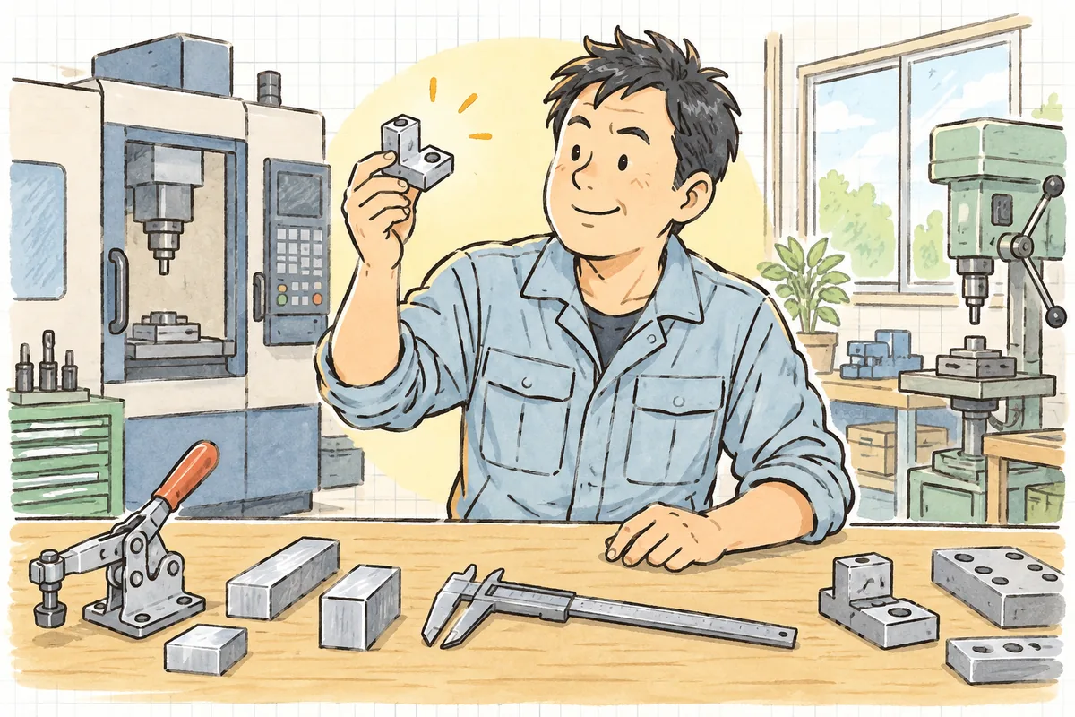 町工場の作業台で、端材から削り出した手作りの位置決め治具を手に取り、機械にセットする前に形を確かめる現場担当者