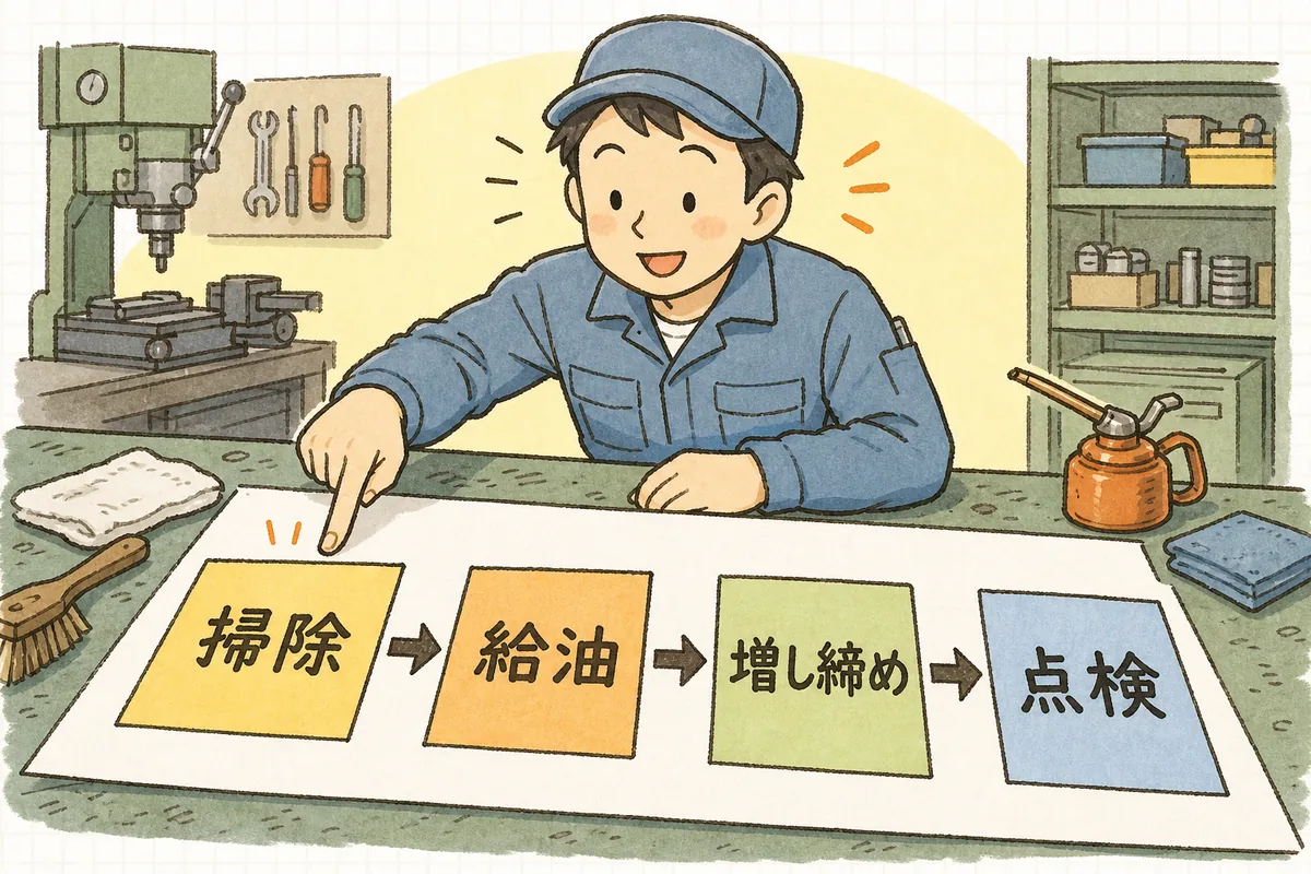 掃除・給油・増し締め・目で見る点検の四つを左から順に指でたどりながら確認する担当者の説明図
