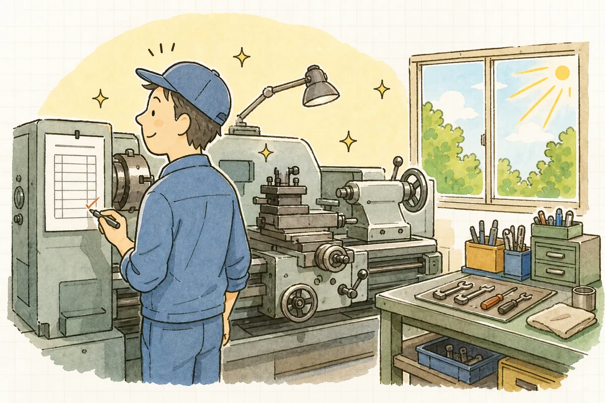機械のそばに貼った点検表に印を付け終え、きれいになった担当機を見て少し表情がやわらいだ担当者の情景