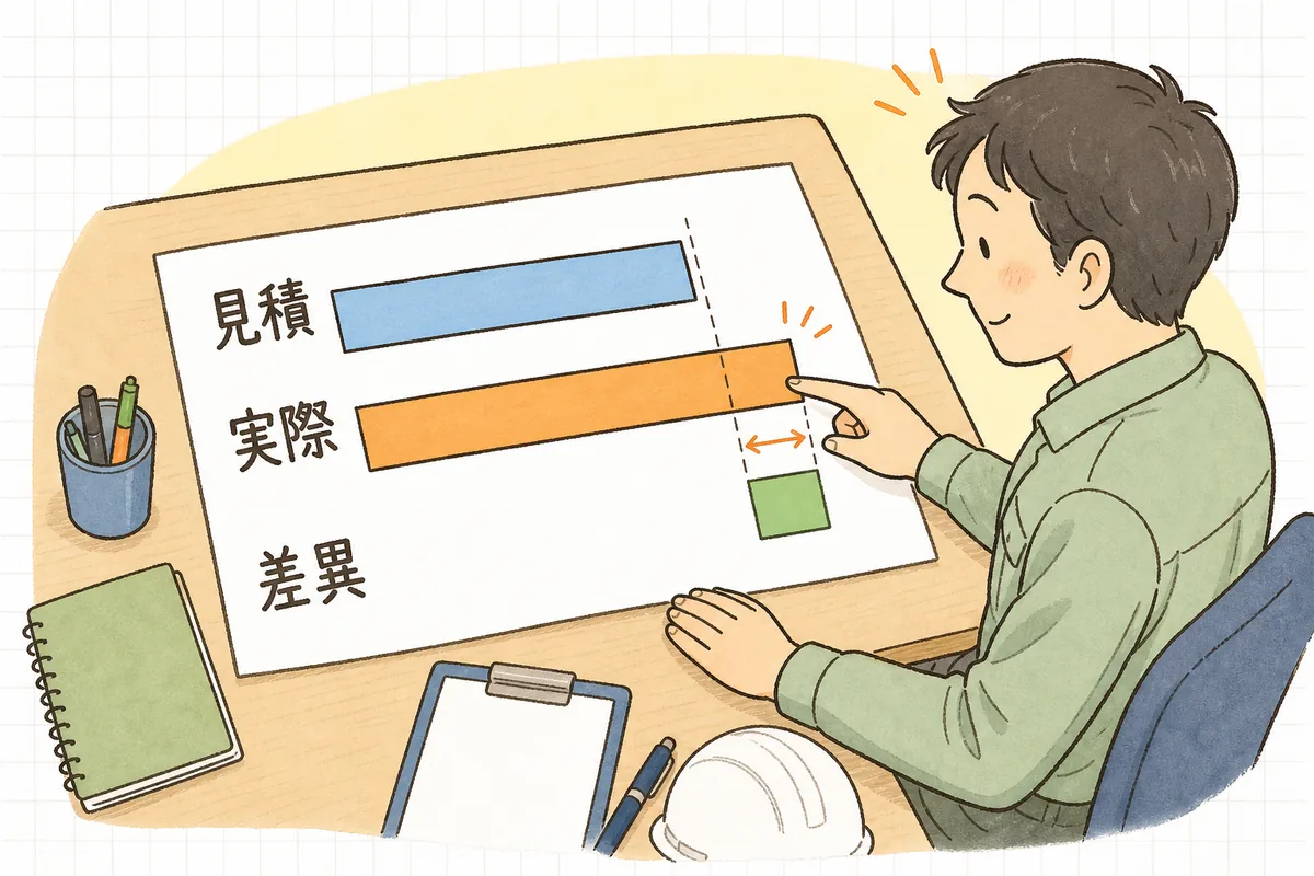 見積原価と実際原価を横棒で並べ、その差だけを取り出して見る差異分析の考え方を示した説明図