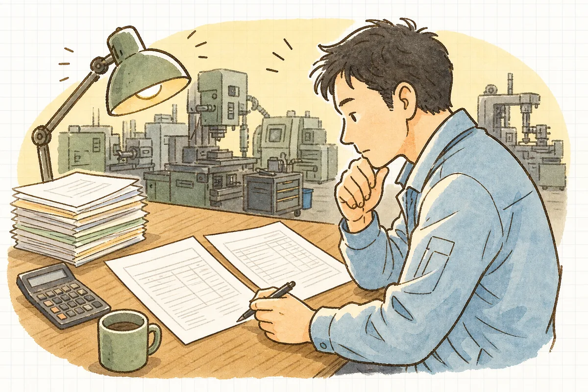 月末の夜、見積書と作業日報を並べて「どこで差がついたのか」と静かに見比べる町工場の担当者の横顔