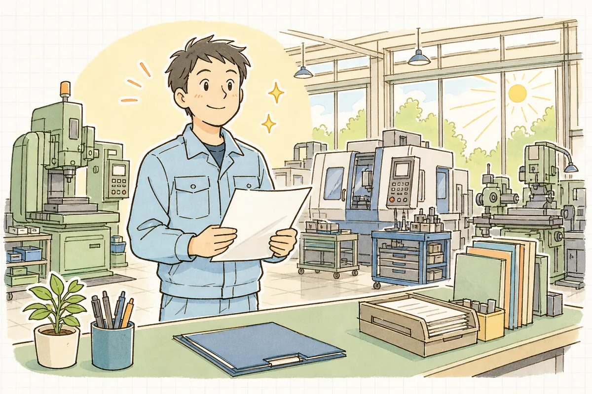 翌朝の明るい作業場で、見直した見積を手に落ち着いて次の一日を始める担当者の前向きな表情