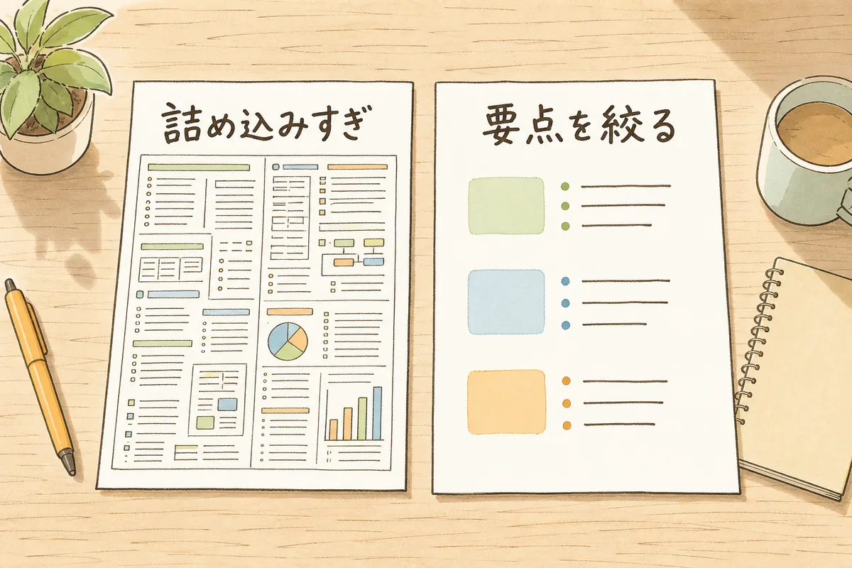情報を詰め込みすぎた会社案内と、要点を絞って読みやすくした会社案内を並べて比べた説明図
