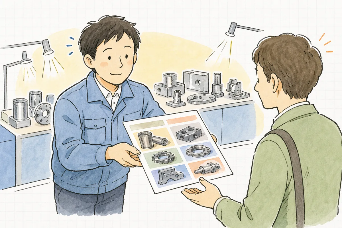 展示会のブースで、自社の加工事例をまとめた一枚もの会社案内を来場者に手渡す町工場の担当者の手元と穏やかな表情