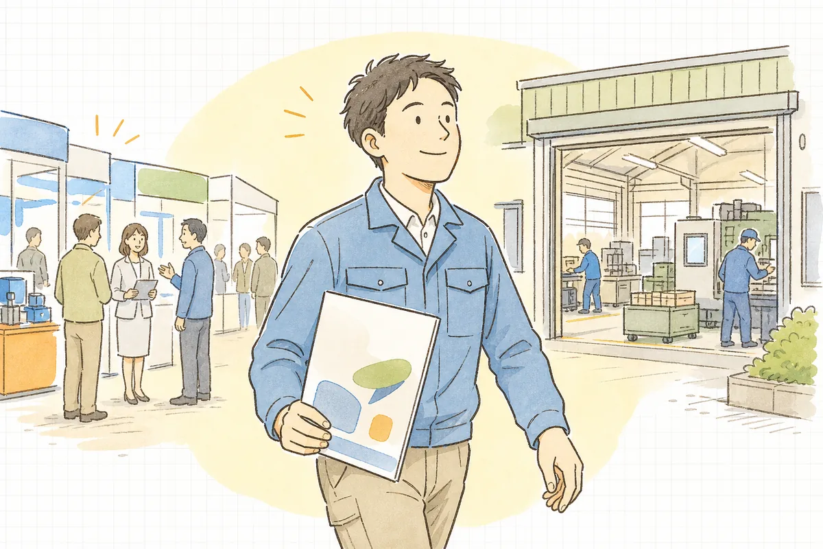 完成した一枚もの会社案内を手に、次の商談へ落ち着いた表情で歩き出す町工場の担当者