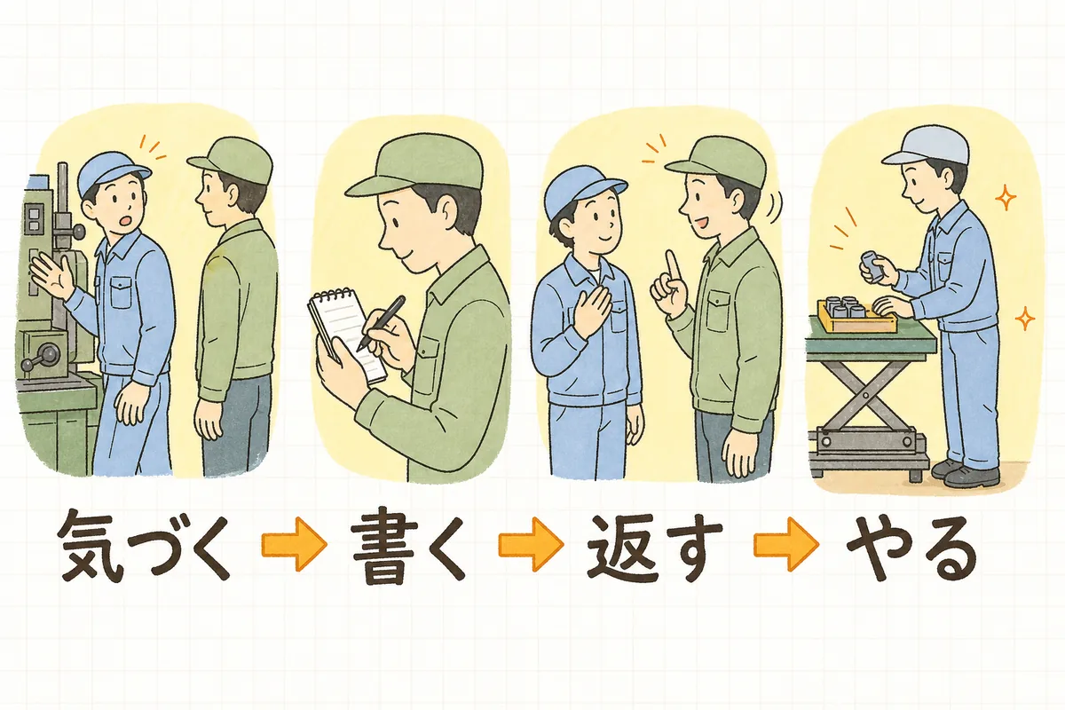 改善提案が回り始める4つの動きを、左から順に4場面で並べた図