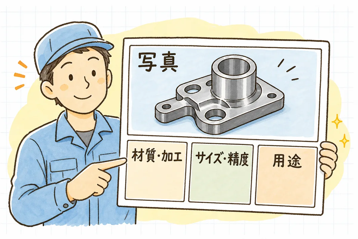 加工事例カード一枚に載せる四つの要素（写真・材質と加工・サイズや精度・用途）を示した見取り図