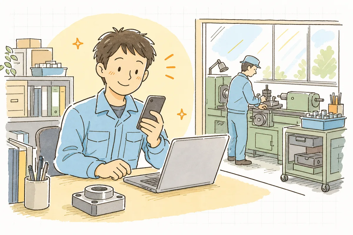 公開した加工事例ページから届いた問い合わせを見て、静かに手応えを感じる町工場の担当者の前向きな情景