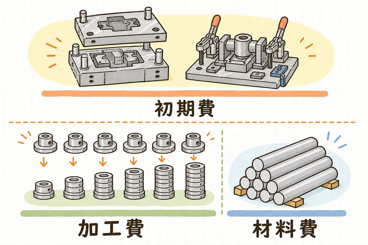 型代を一回だけの初期費として1行で別に立て、加工費と材料費を数量ぶんで積む見積の組み立てを示した説明図