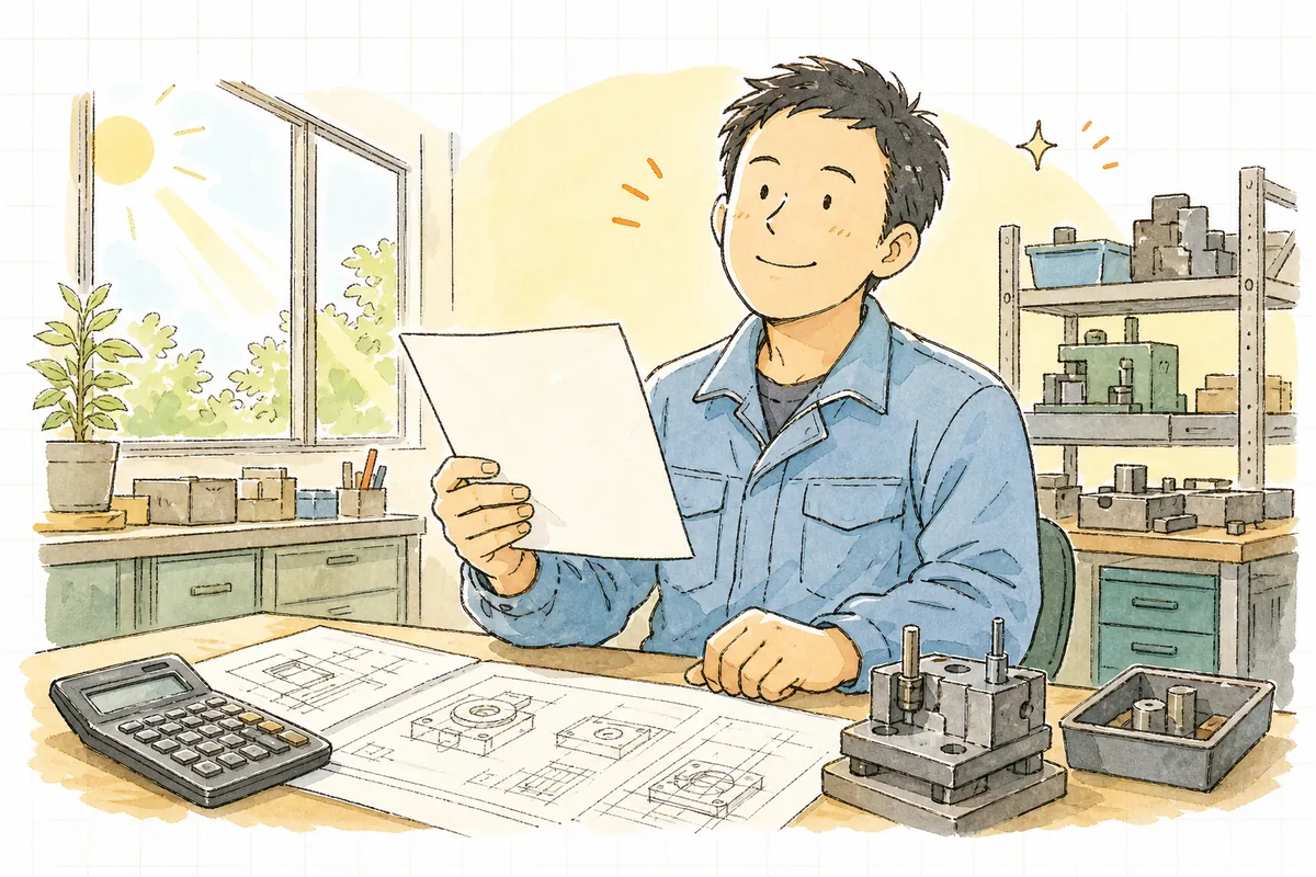初期費を1行に分けた見積書を手に、これで数字が読めると納得して前を向く町工場の担当者