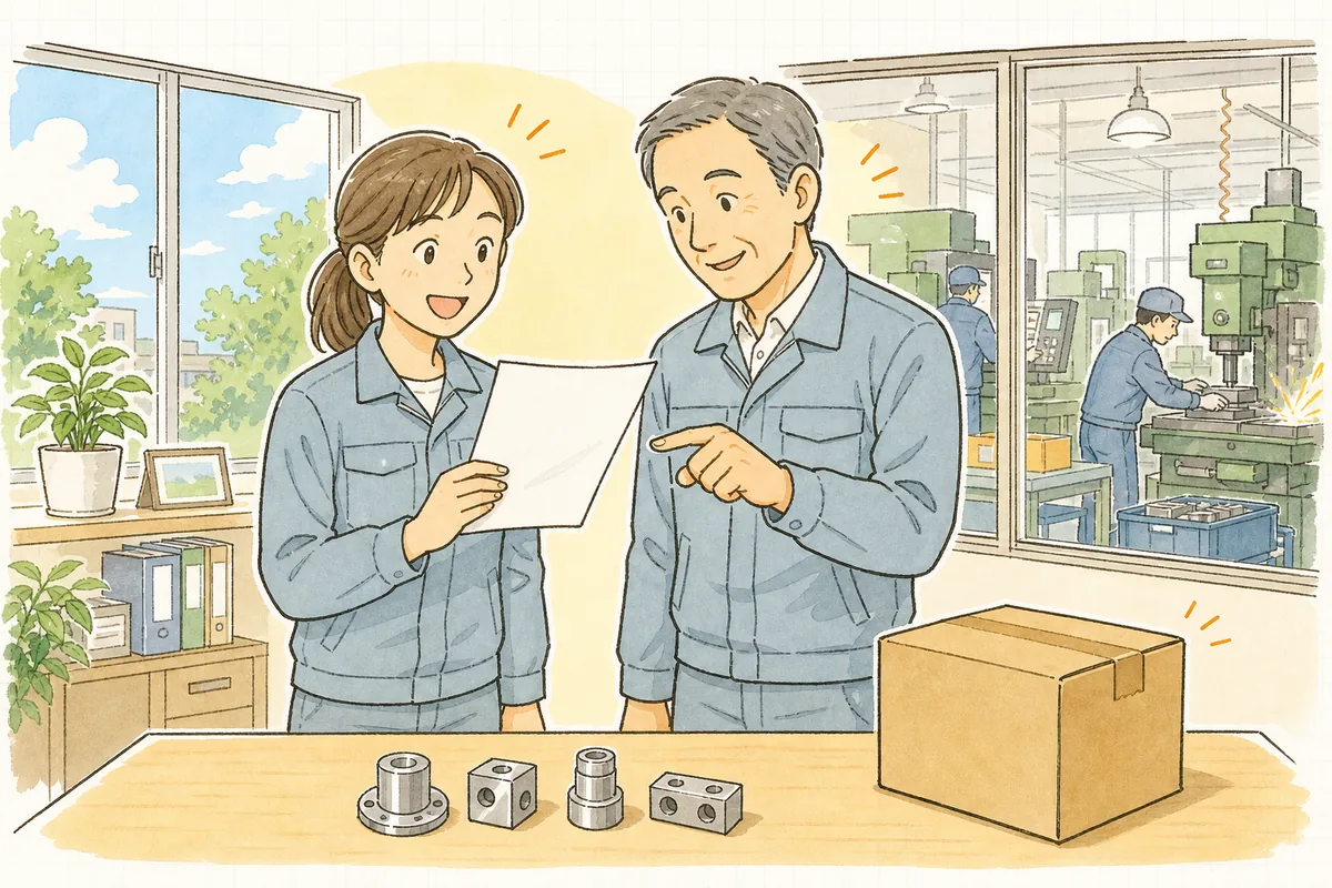 朝の明るい事務所で、付帯作業の時間を書き込んだ紙を見ながら、二人で見積を確認して笑顔になっている場面