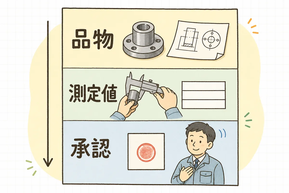 検査成績書の1枚を上中下の3段に分けた図。上段は品物、中段は測定値、下段は承認を表している