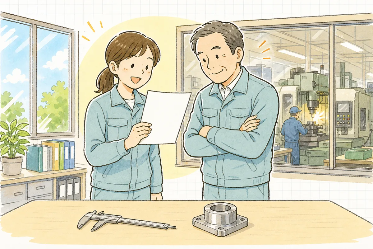 朝の明るい事務所で、そろった様式の検査成績書を手に、検査者と承認者が並んで内容を確認している場面