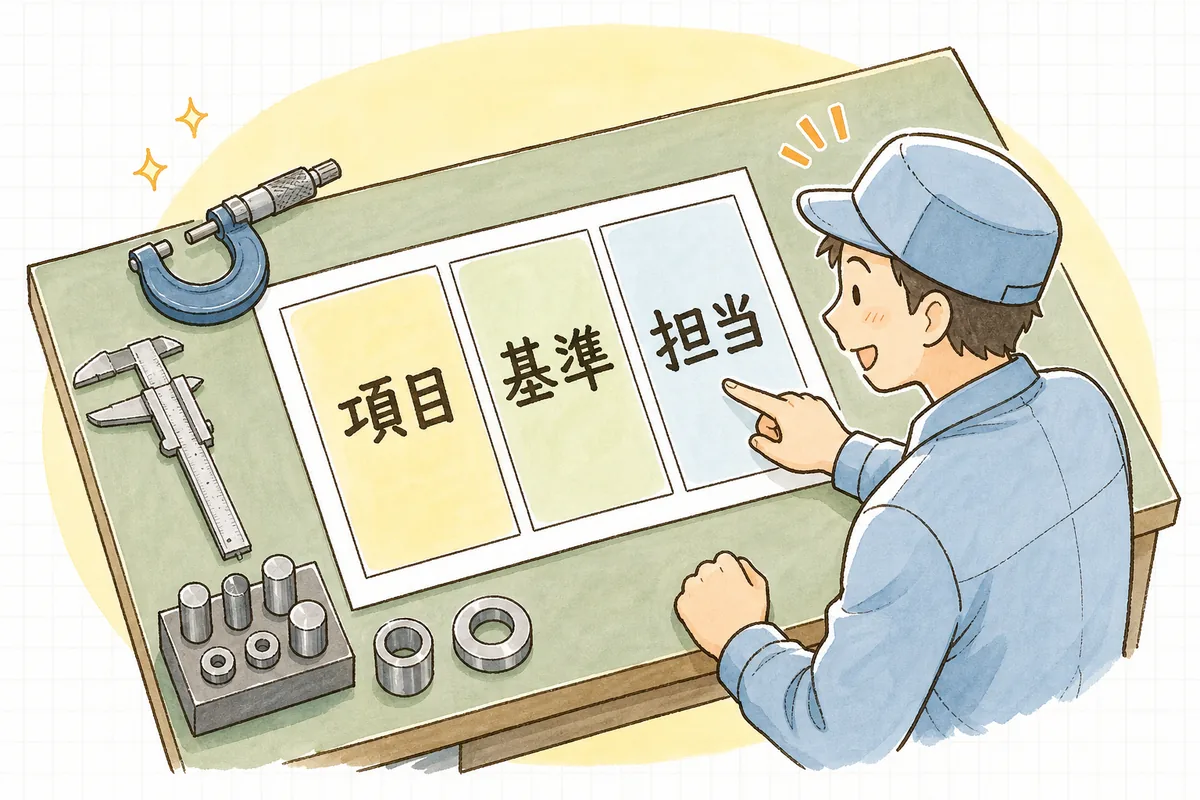 何を・どの基準で・誰が見るかの三つの土台を検査表で確かめる担当者の説明図