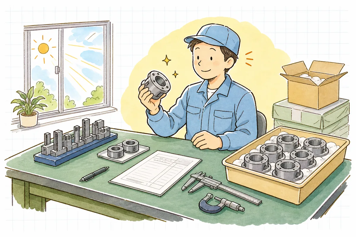 出荷前の部品を最後に確かめ、品質を守りきった安心がにじむ担当者の前向きな表情