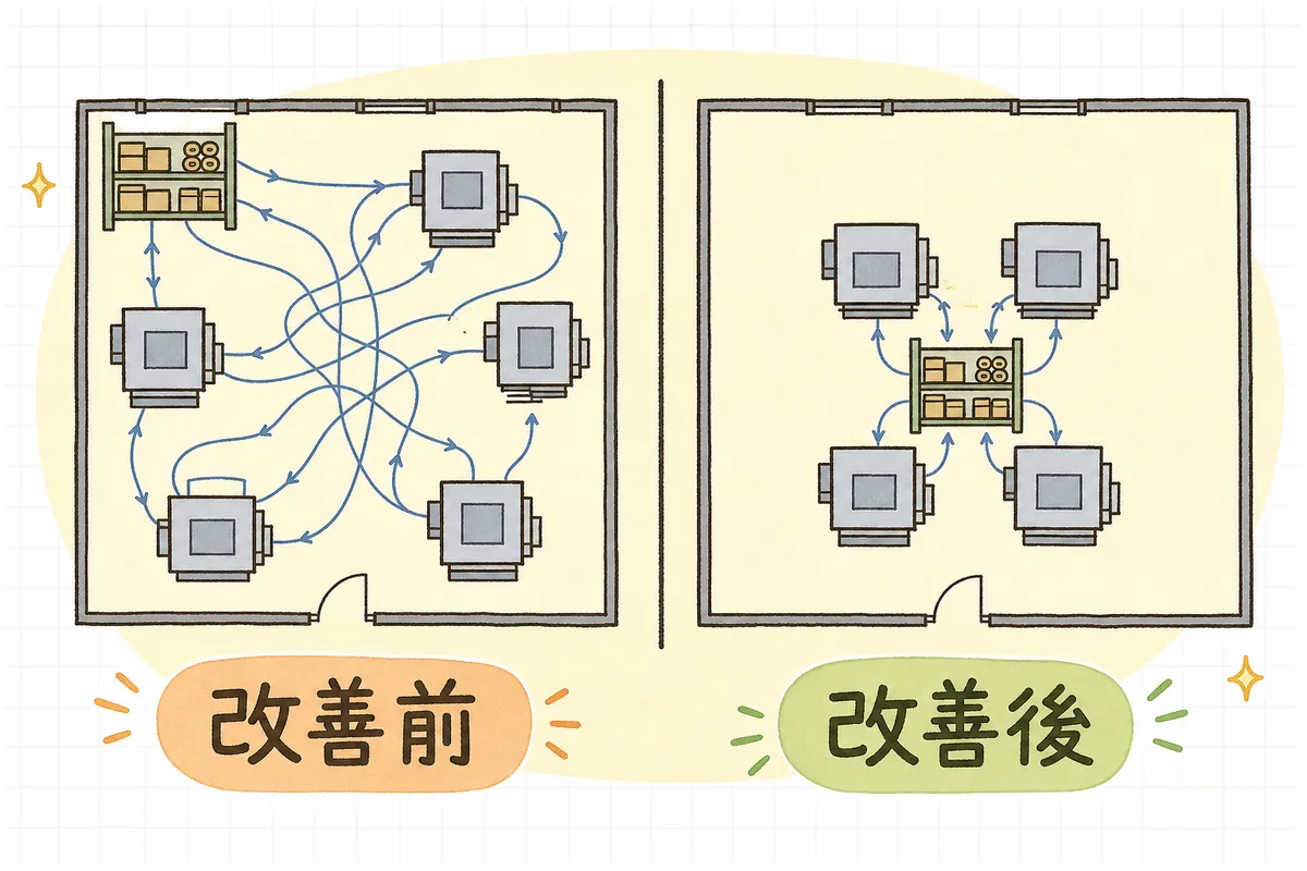 工場の平面図に運搬の動線を書き込んだ比較図。左は線が何本も交差して絡まっている状態、右は線が短くまとまった状態