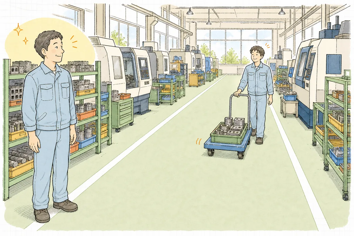 片付いて広くなった通路を、部品を載せた台車が短い距離ですっと通っていく明るい町工場の情景。作業者が満足そうに見ている