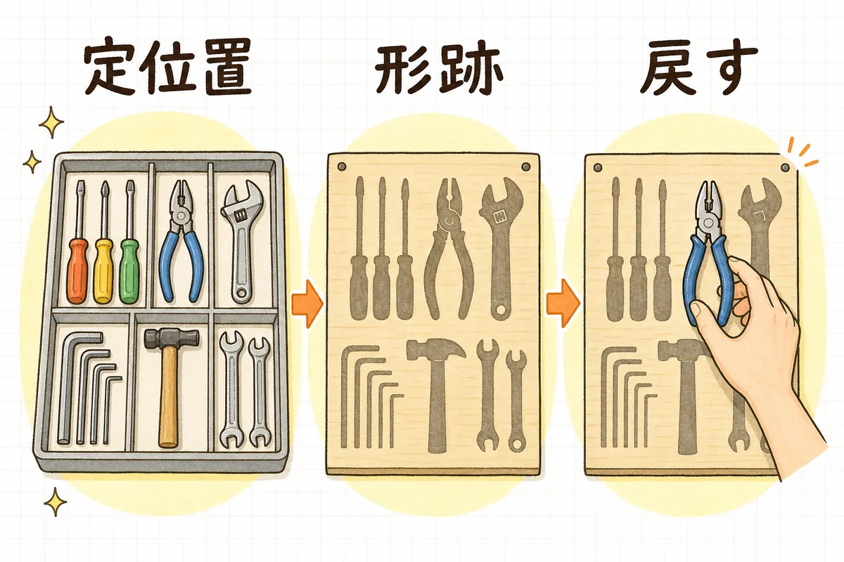 工具の置き場づくりを「定位置・形跡・戻す」の3段階で整える流れを示した説明図