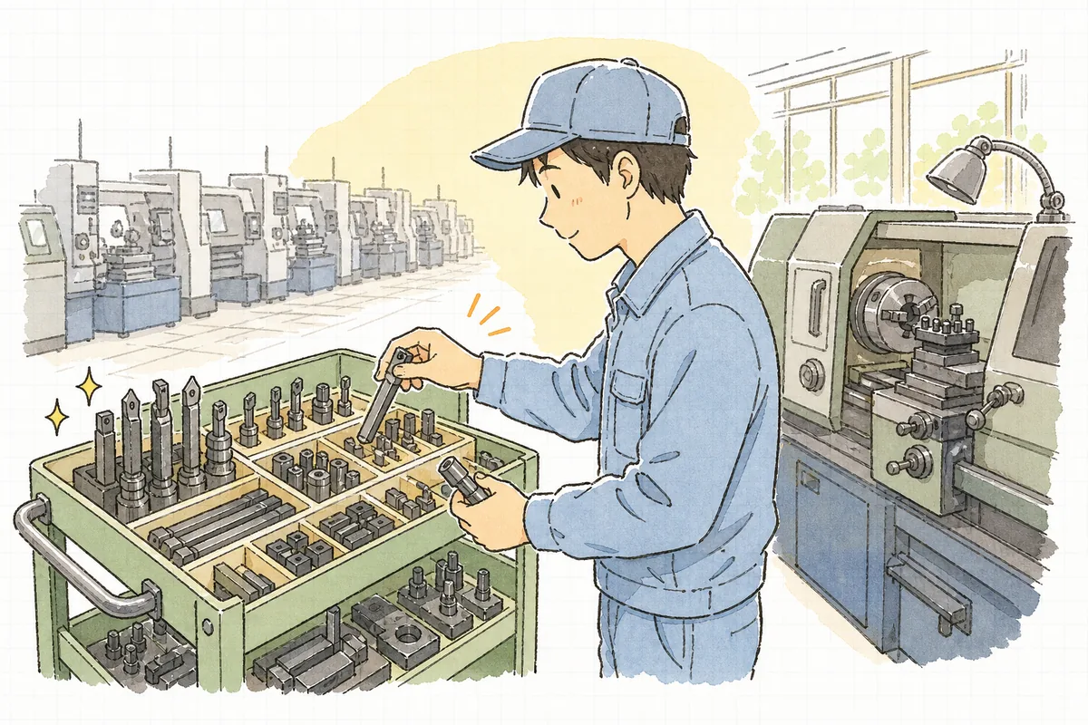 工作機械の脇の工具棚で、影付きの定位置に工具を戻す町工場の担当者の手元と横顔