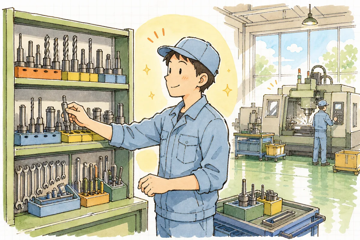 整った工具棚を前に、次の段取りへ迷いなく取りかかる担当者の前向きな表情