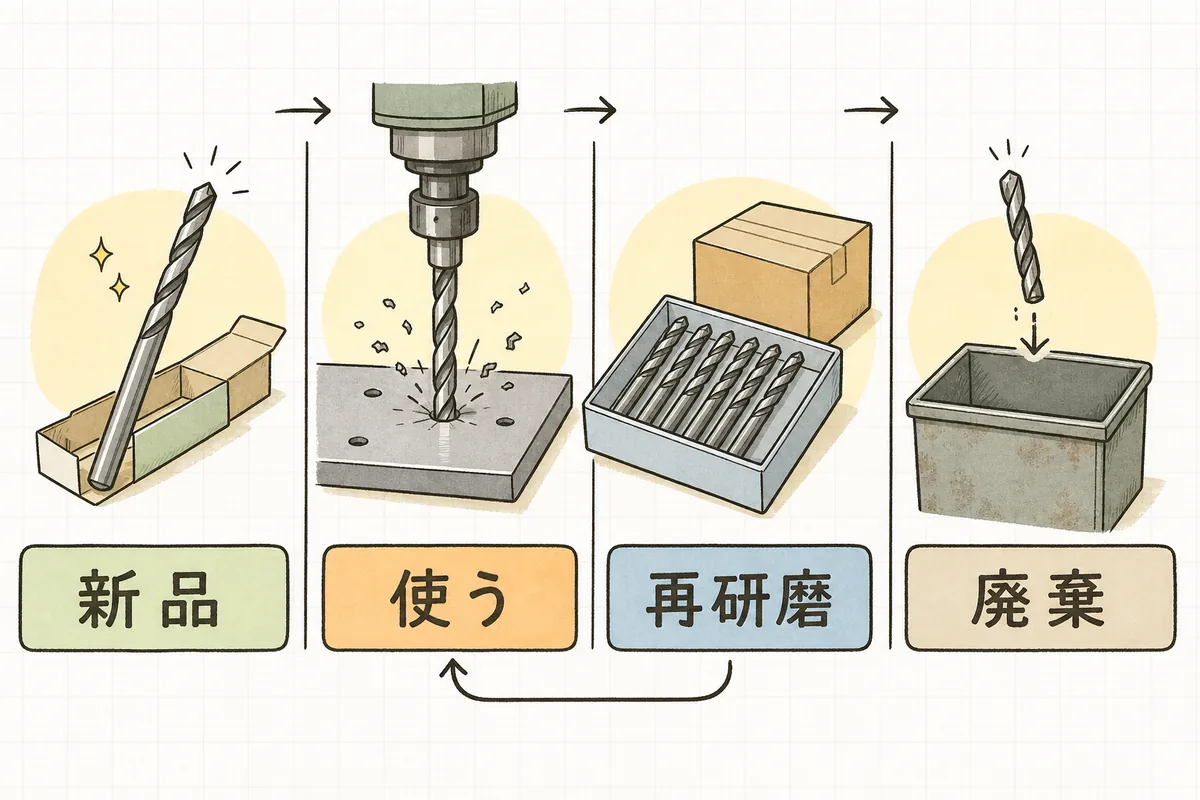 工具の一生を4つの場面で並べた説明図。左から順に、箱に入った新しいドリル、加工機で穴をあけているドリル、まとめて梱包され研磨屋へ送られるドリル、短くなって廃棄箱に入れられるドリル