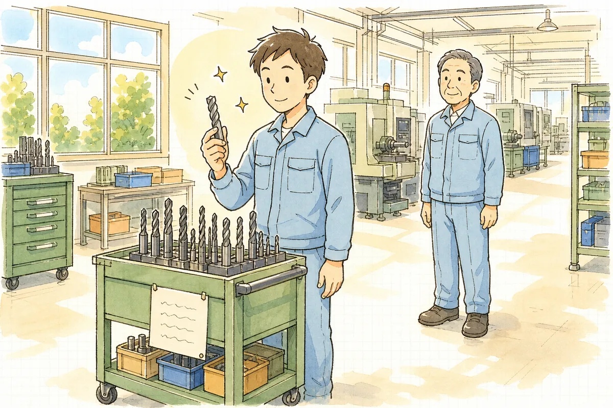 工具の交換基準を書いた紙が貼られた工具ワゴンの前で、新人が自分で工具を選び取り、その様子を少し離れて見守るベテランが穏やかに微笑んでいる町工場の場面