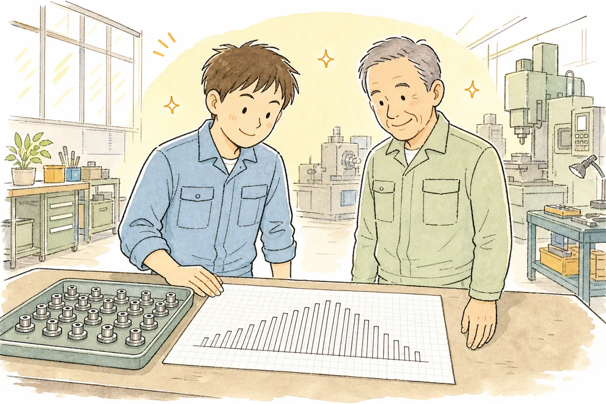 明るい作業場で、測り終えた部品のそばに置いた手描きのグラフ用紙を若手とベテランが一緒にのぞき込み、穏やかに笑い合っている情景