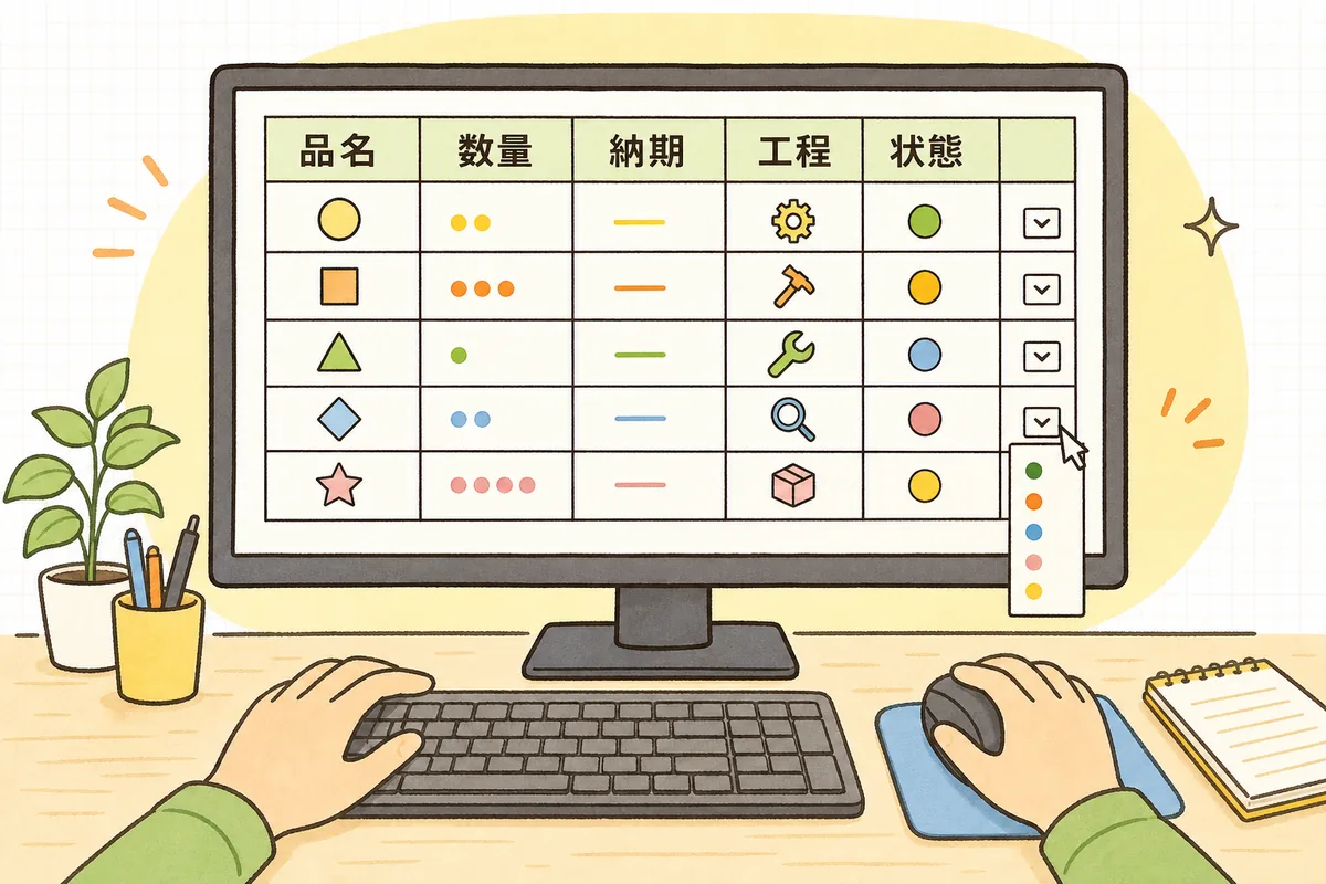 1行1件で品名・数量・納期・工程・状態を並べたExcel工程進捗表のイメージ図