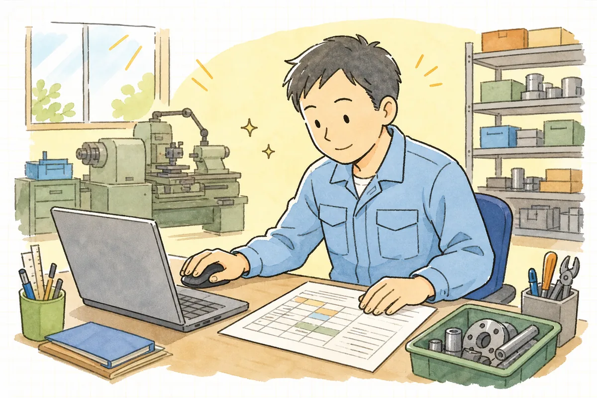 パソコンの前でExcelの工程進捗表を開き、手元の指示書と見比べながら進捗を書き込む町工場の担当者の情景