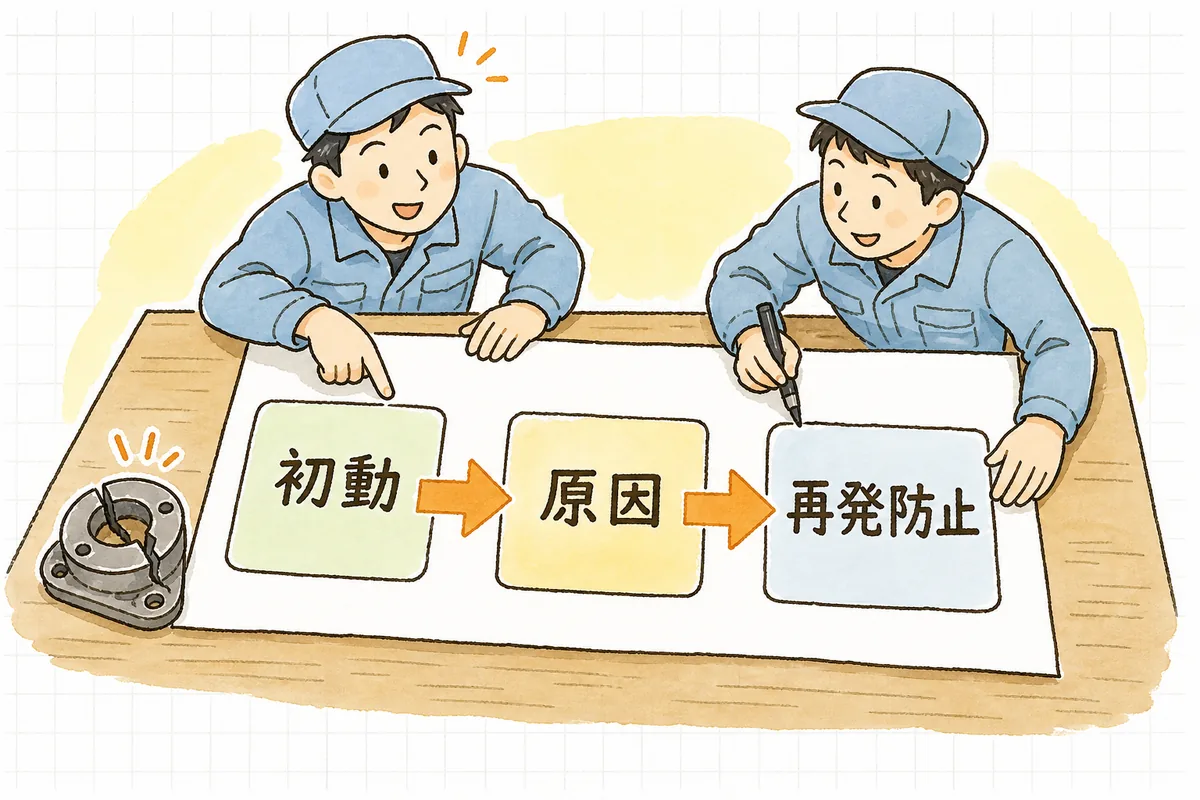 クレーム連絡から初動対応を経て是正報告書の提出へ進む流れを段階で示した説明図