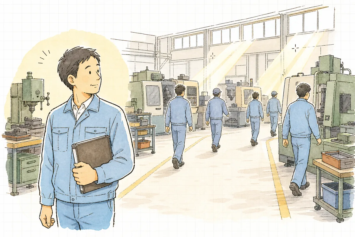 朝礼のあと持ち場へ散っていく作業者たちを少し離れた場所から見ながら、これで伝わっただろうかと考えている町工場の現場リーダー