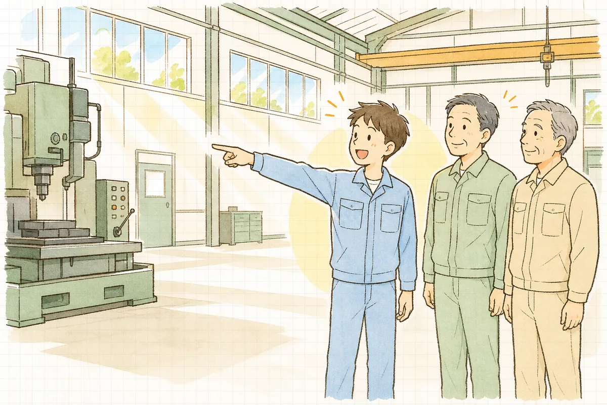 加工機の前で若手の作業者が自分から危険な箇所を指差して声を出し、周りの作業者たちが同じ方向を見てうなずいている、明るい町工場の朝の場面