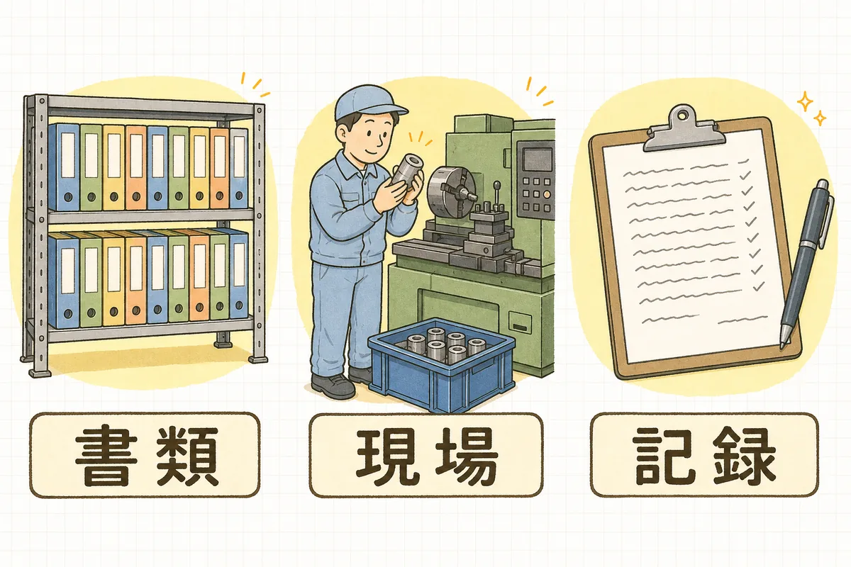 工程監査で見られる3つの場所(書類・現場・記録)をそれぞれ絵で示した説明図