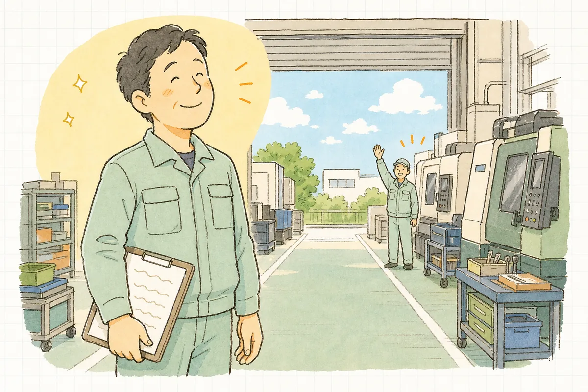 工程監査を終えて客先を見送ったあと、工場の入口で肩の力を抜いて穏やかな表情を見せている町工場の担当者