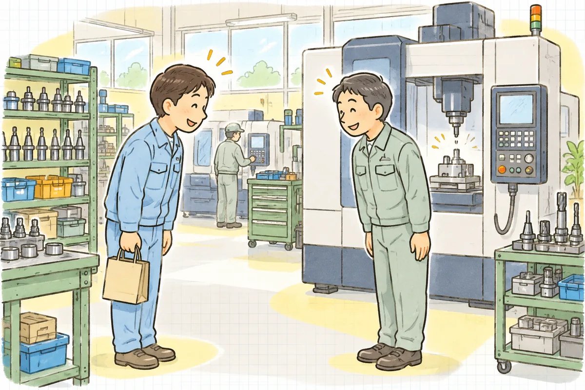 協力会社の工場を訪ねた担当者が、相手の工場の人と機械の前で笑顔であいさつを交わしている明るい情景