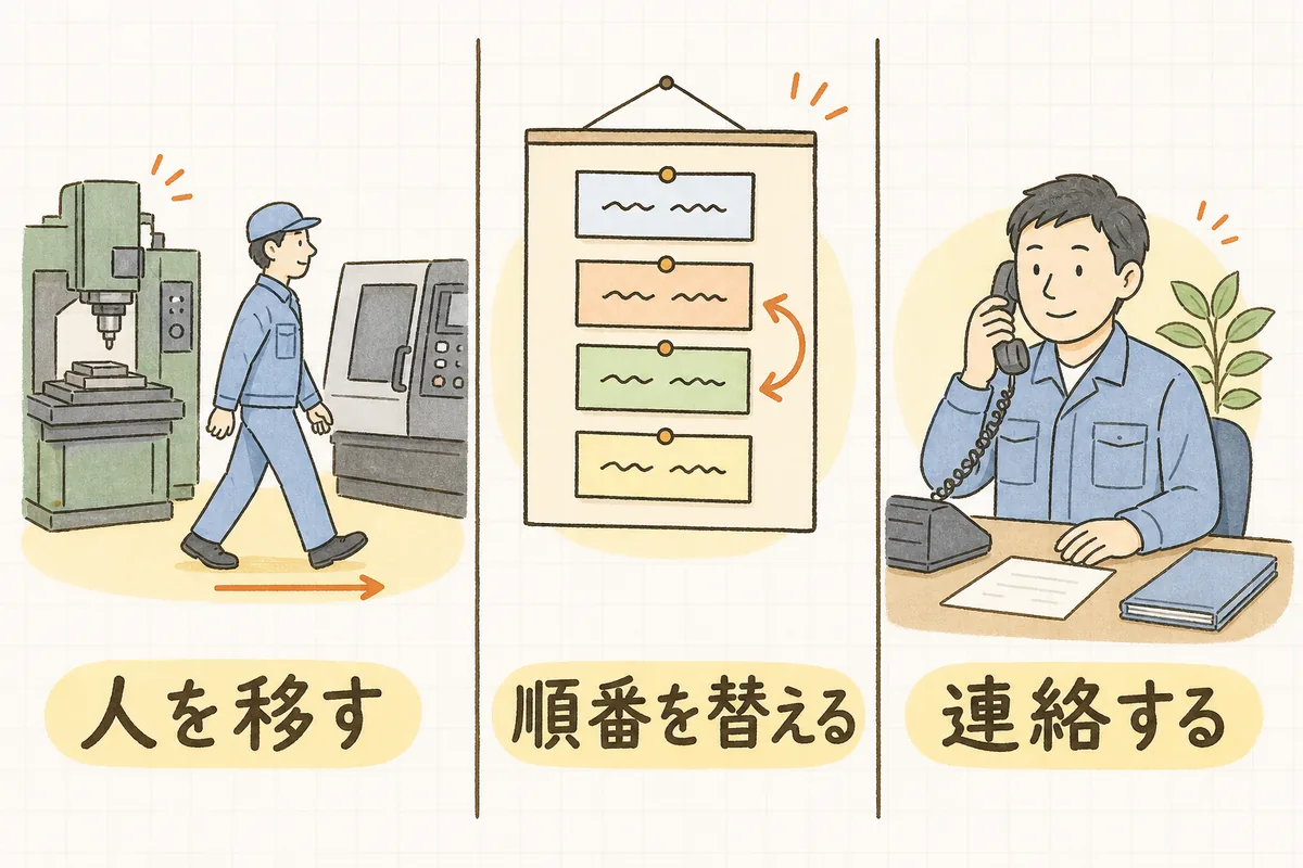 人が足りない日の穴の埋め方を3つ並べた説明図。左が作業者が隣の機械へ移動する絵、中央が予定の札を入れ替える絵、右が電話をかけている絵