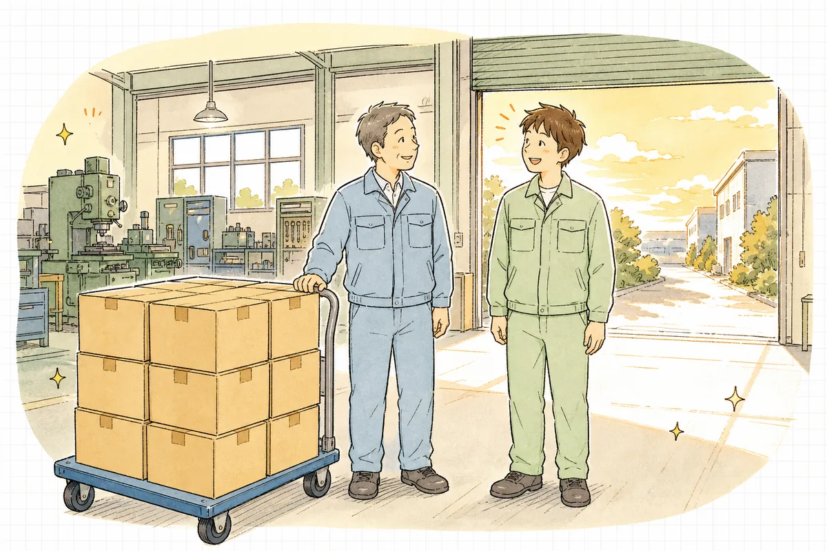 夕方の町工場で、出荷用の箱を台車に積み終えた現場リーダーと作業者が、荷物の前で一息ついて笑い合っている明るい情景