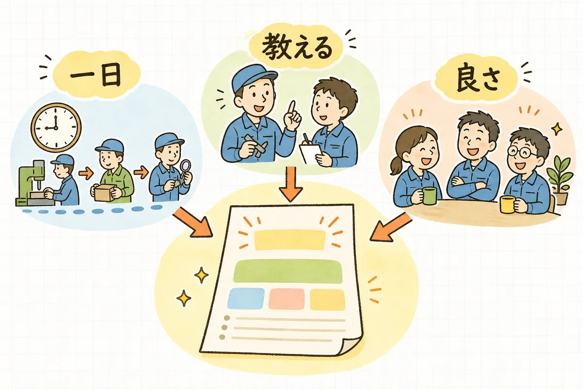 求人募集文に「一日の流れ」「教える順番」「職場の良さ」の3つの視点を書き足すと応募につながることを示す説明図