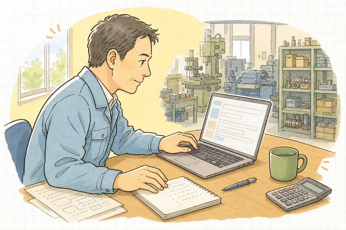 事務所の机で求人サイトの入力画面を見ながら、募集文をどう書くか考え込む町工場の経営者の横顔と手元