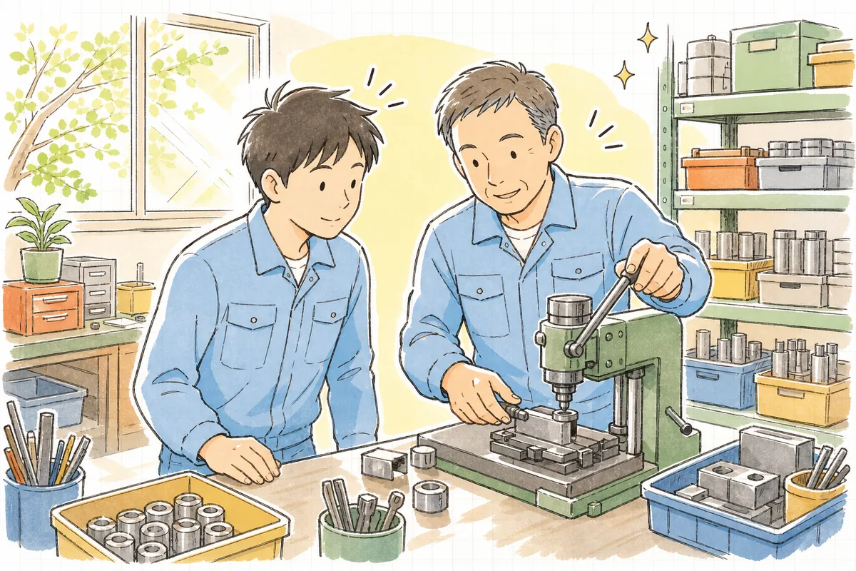 新しく入った若い作業者に先輩がやさしく機械の使い方を教え、少人数の町工場に活気が戻ってきた明るい場面