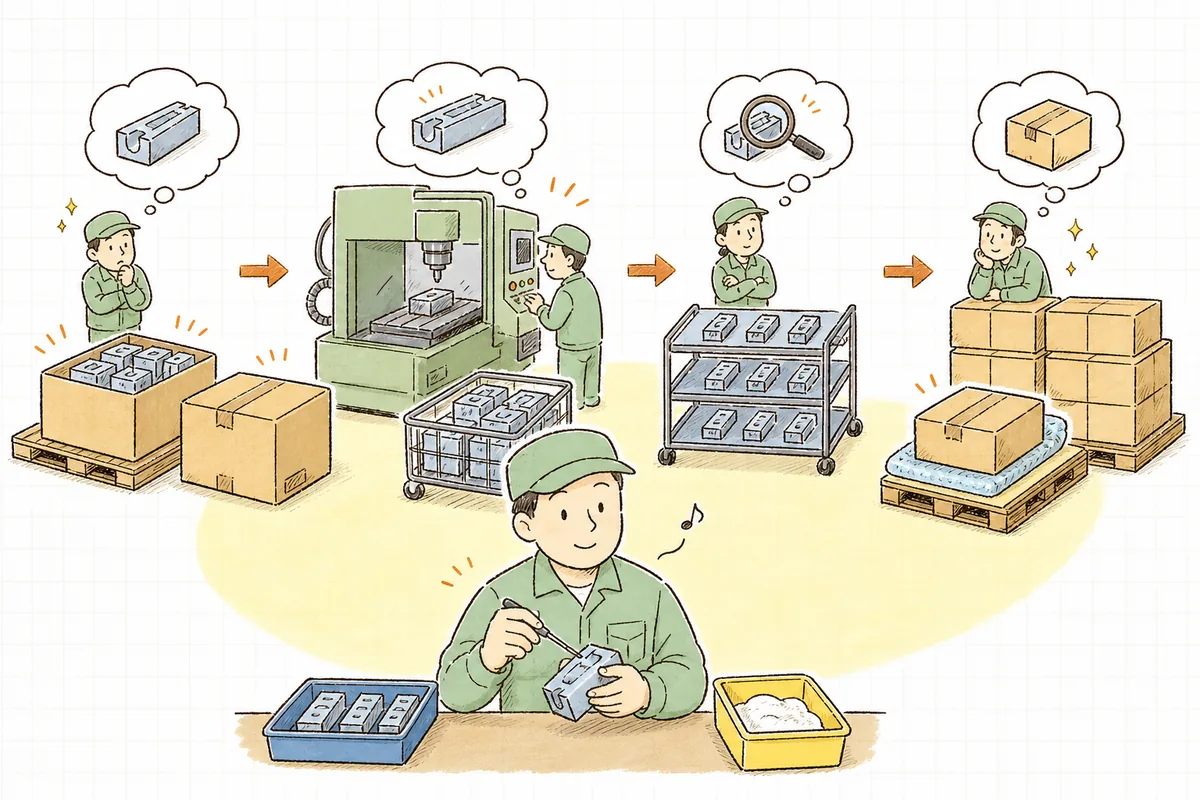受注から納品まで品物が各工程で待ちながら左から右へ流れるリードタイムのイラスト