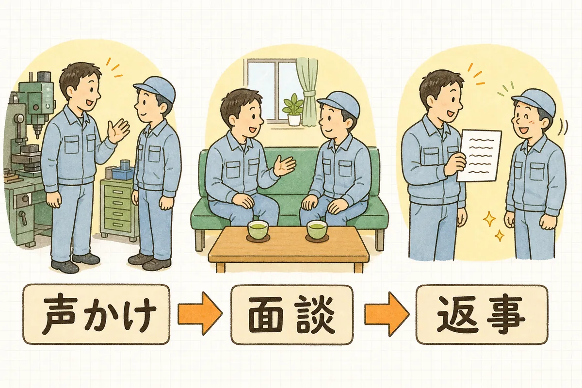 困りごとを拾う3つの段階を左から右へ並べた説明図。左は機械の横で立ち話をするリーダーと作業者、中央は休憩室で横並びに座って話す二人、右はリーダーが作業者に紙を見せながら説明している様子