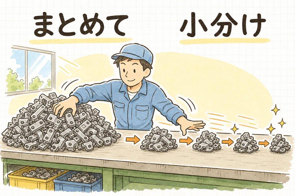 まとめて作るより小さく分けて流すほうが、最初の品物が早く仕上がり待ちが減ることを示す説明図