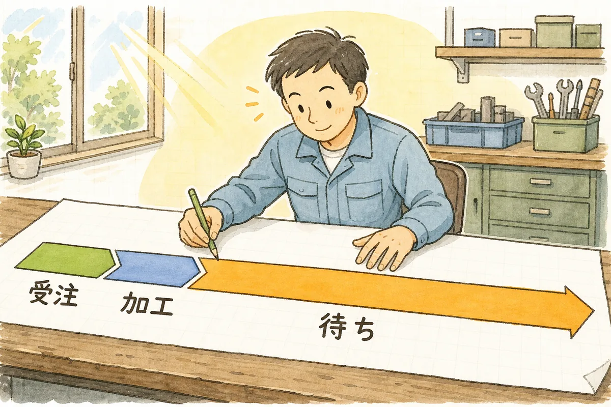 受注から出荷までの流れを一本の帯で描き、動いている時間と待っている時間を分けて示す説明図