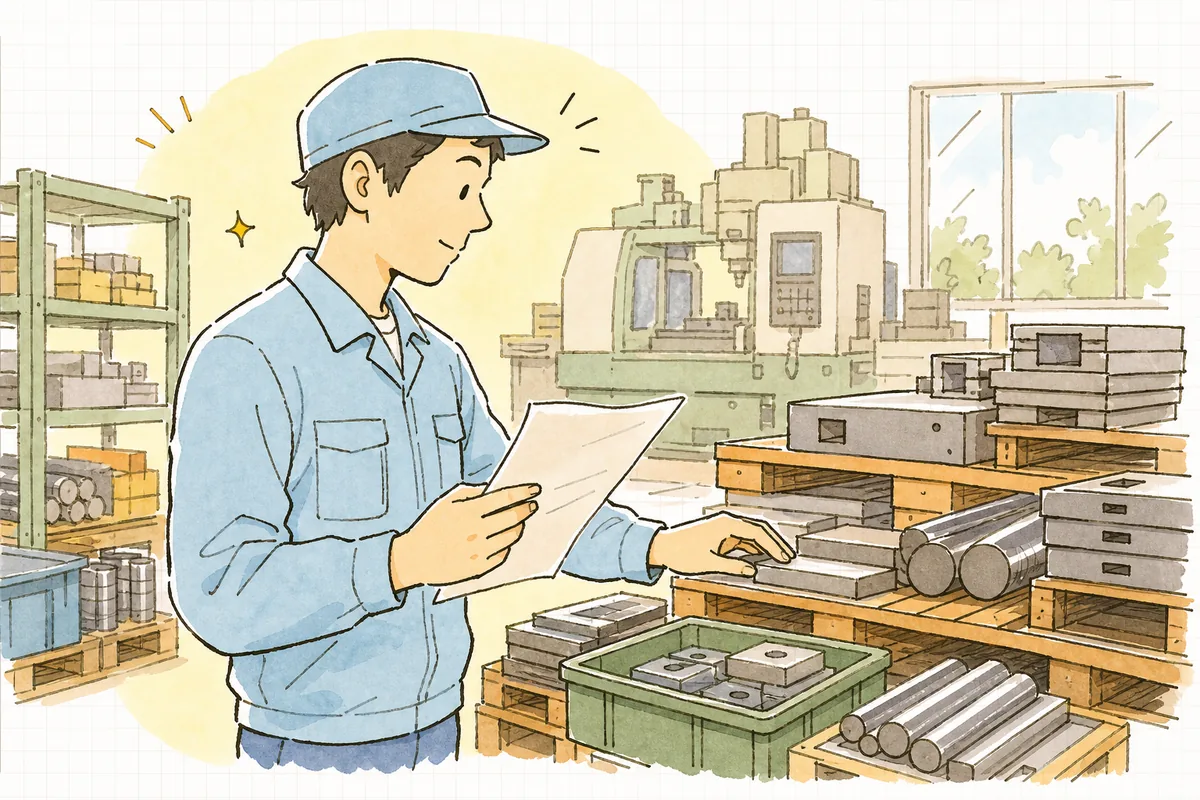 受注票を手に、加工待ちで積み上がった材料や仕掛品の棚を見つめながら、どこで時間が止まっているかを落ち着いて確かめている町工場の担当者の横顔と手元