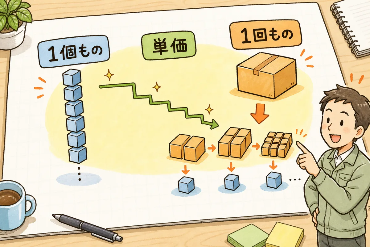 変動費に固定費を数量で割って足すと、数量が増えるほど単価が下がることを示す説明図
